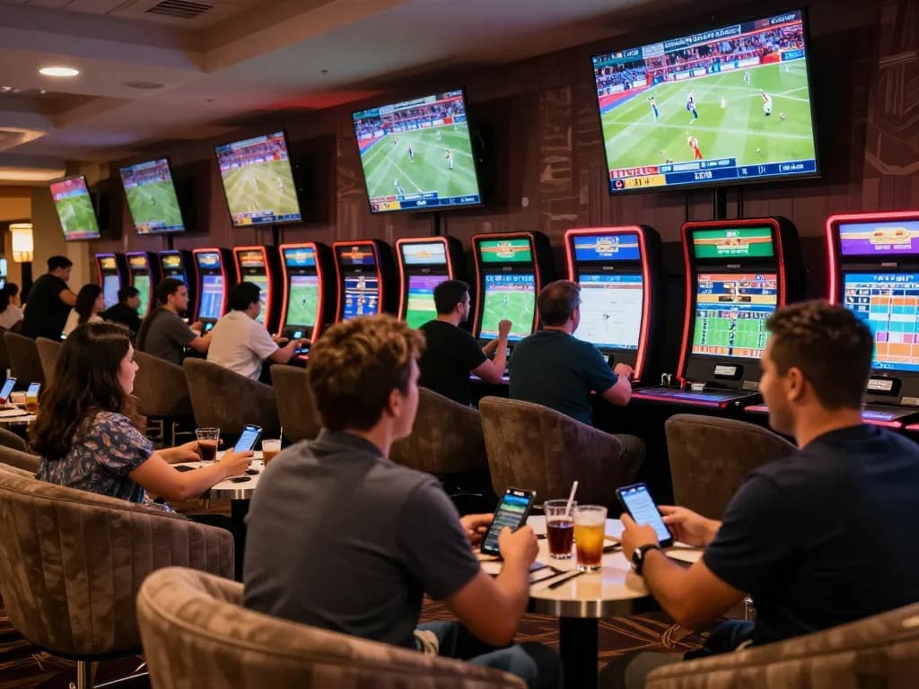 MMOO sports betting enthusiasts cheering while placing live bets in an upscale lounge