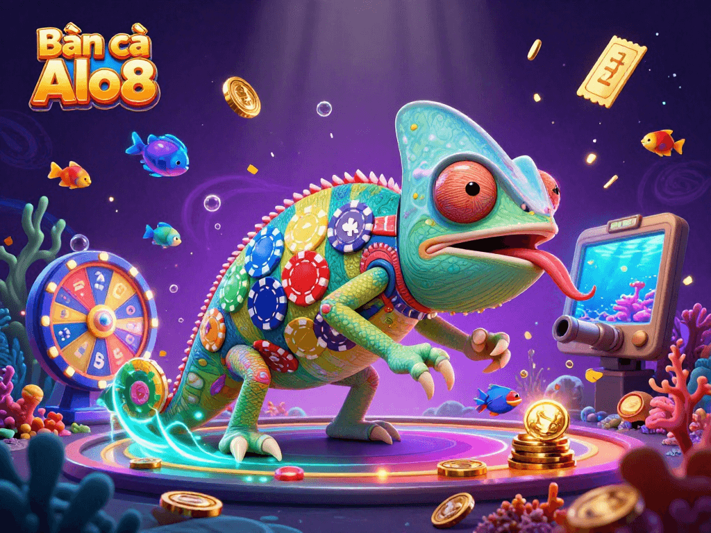 Bắn cá Alo8 features a captivating underwater scene with vibrant sea creatures, colorful fish game elements, and the dynamic chameleon casino owner collecting golden coins.