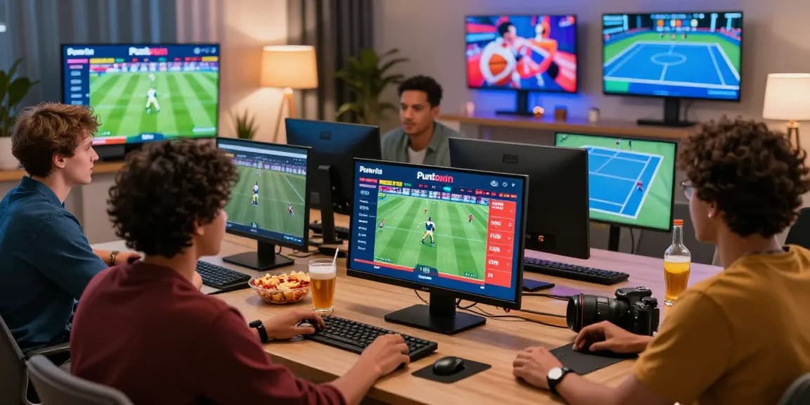 Engaged sports fans enjoying live betting on Puntowin Paraguay online platform in a modern, vibrant living room.