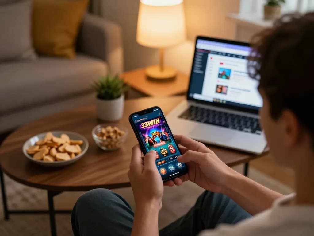 Engaged player using 33WIN app on smartphone while enjoying a comfortable home gaming setup.