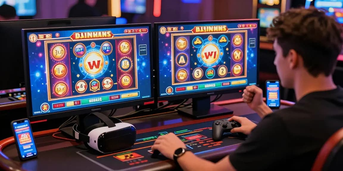 Engaged player at credit card casinos celebrating wins, surrounded by gaming screens and accessories.