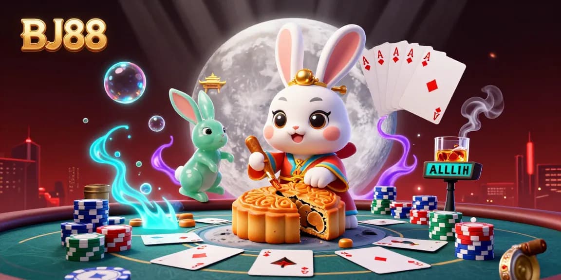 Engage in thrilling poker action at BJ88, featuring dynamic gameplay with colorful poker chips and cards.