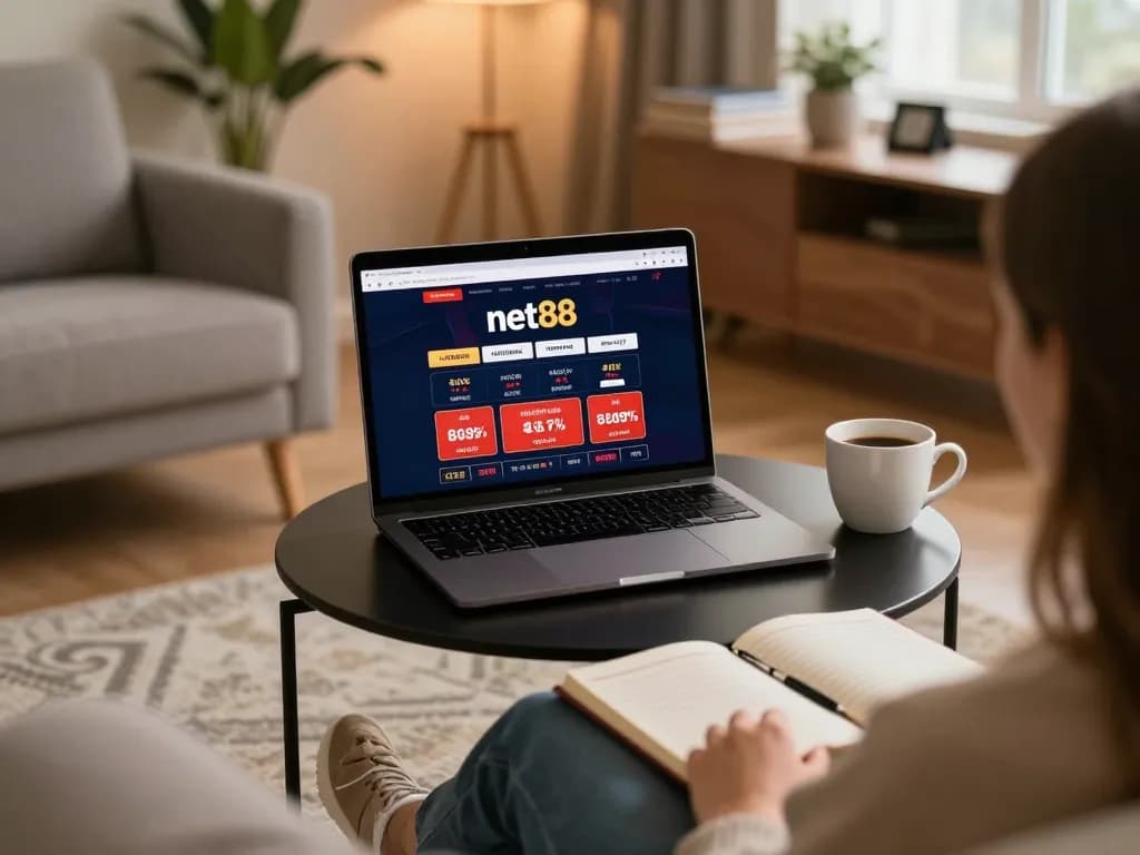 Person enjoying net88 online casino gaming on a cozy sofa with strategy notes and a warm coffee