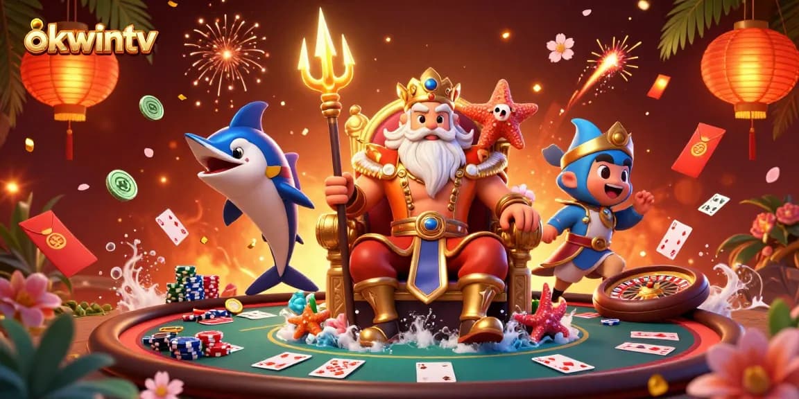 Play poker with okwintv at a lively casino scene featuring Neptune and vibrant game elements.