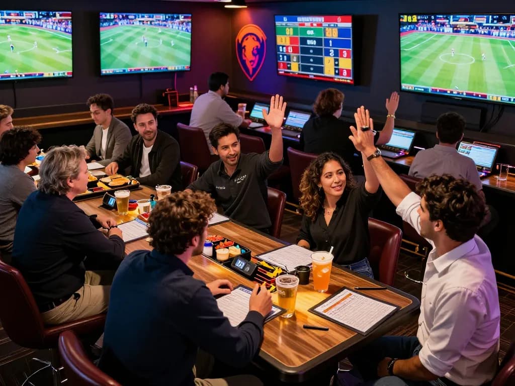 Sunwin sports bettors comparing odds and celebrating wins in a vibrant casino atmosphere.