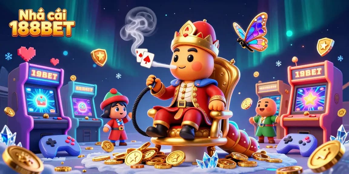 Play engaging games at Nhà cái 188BET with colorful arcade machines and golden treasures.