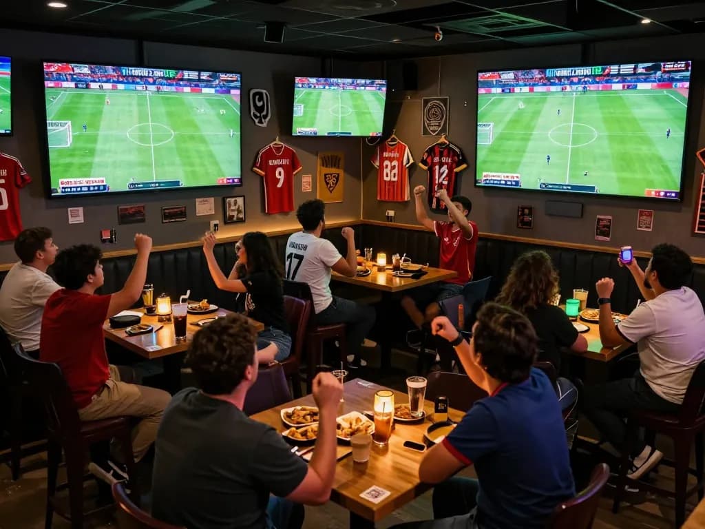 Fans cheering during World Cup 2026 games while enjoying sports betting at a lively bar.
