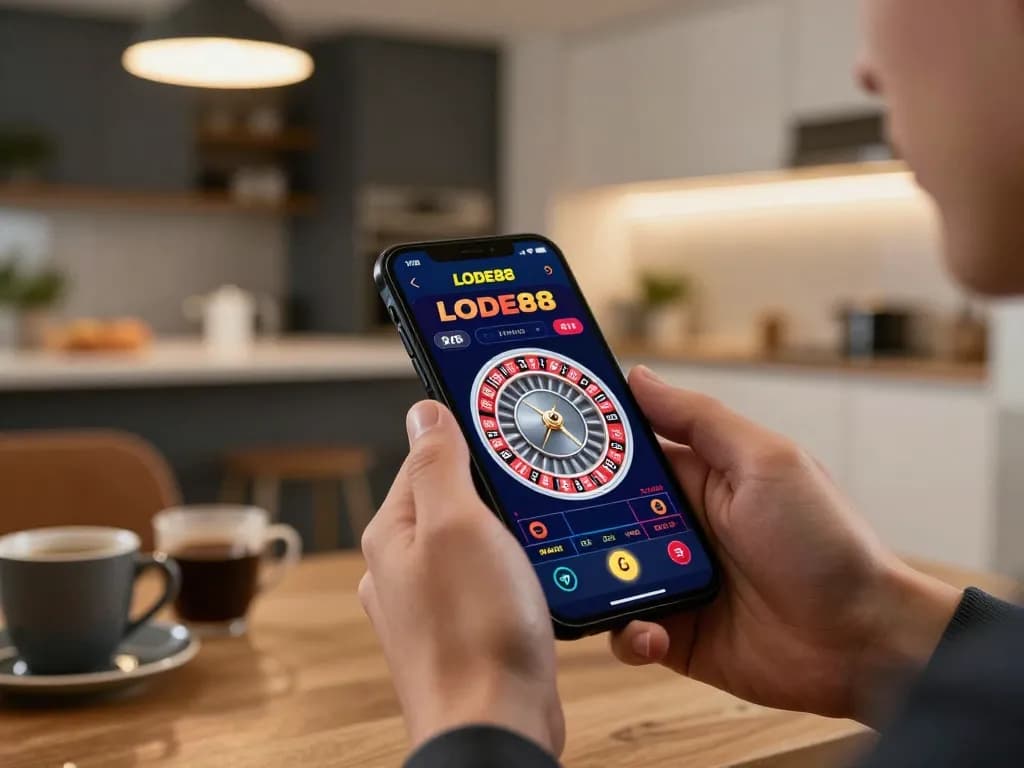 Engaging scene with LODE88 mobile app displaying roulette game, conveying excitement and strategic gameplay.