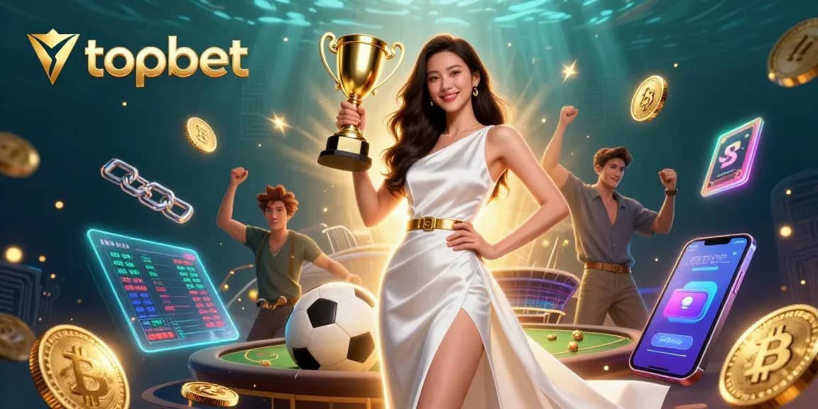 Topbet offers thrilling sports betting with a stunning Asian woman holding a trophy, embodying victory.