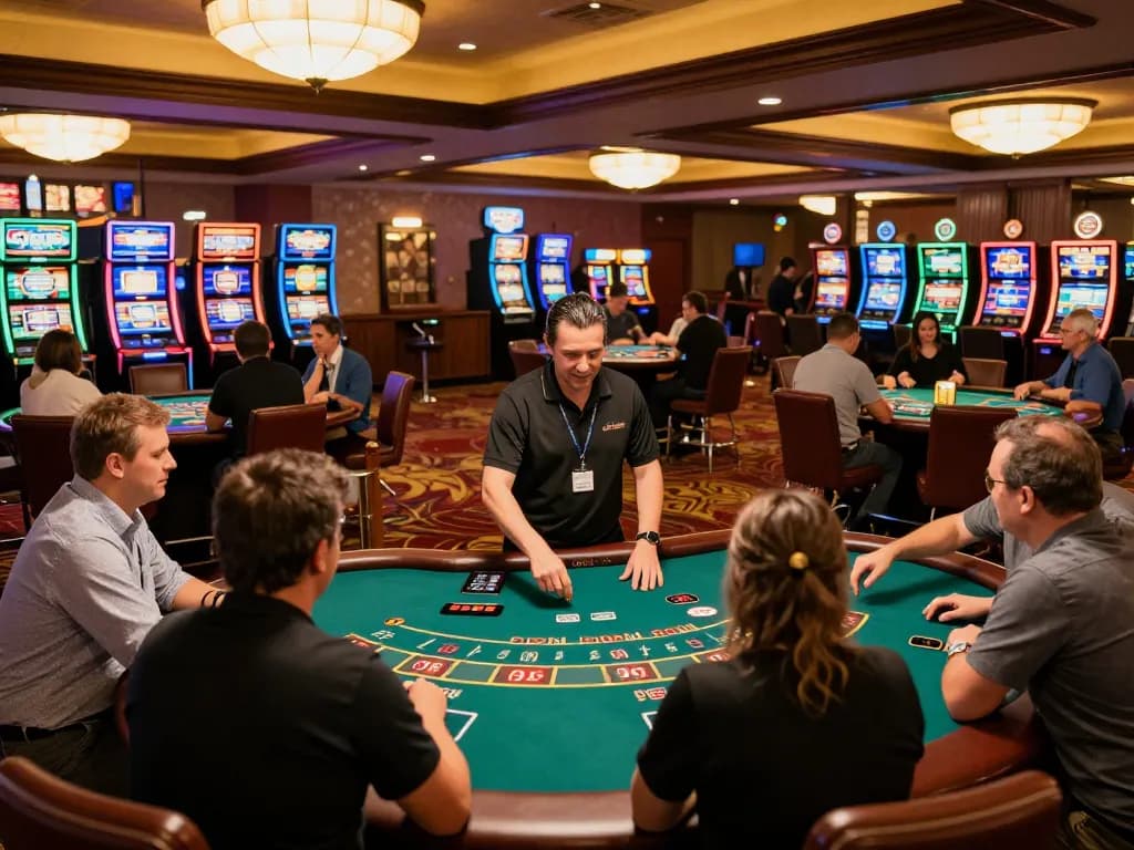 Players enjoying a thrilling moment at Sunwin casino, engaging in blackjack and slot machines