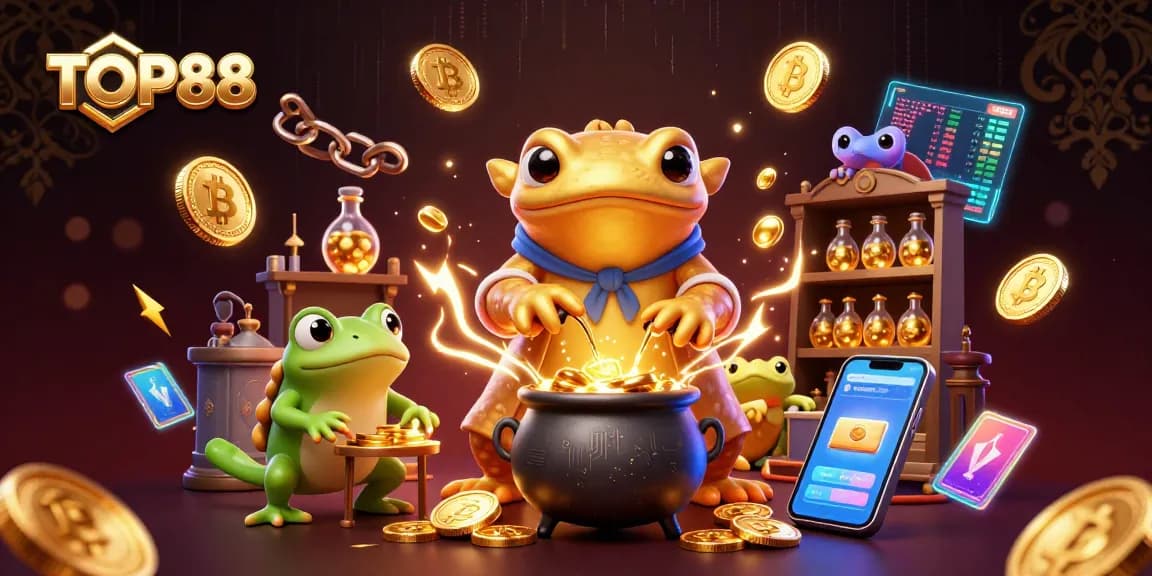 Engage in thrilling gaming with TOP88, featuring dynamic 3D scenes of gold transmutation and cryptocurrencies.