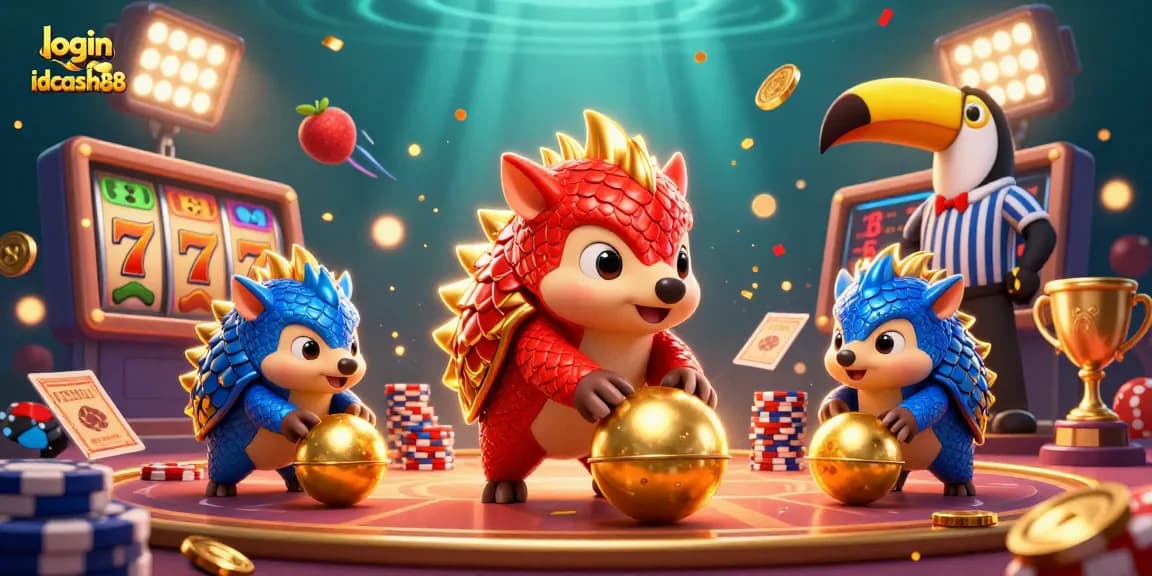 login idcash88 showcases a dynamic scene with pangolin characters rolling through poker chips in a vibrant casino.
