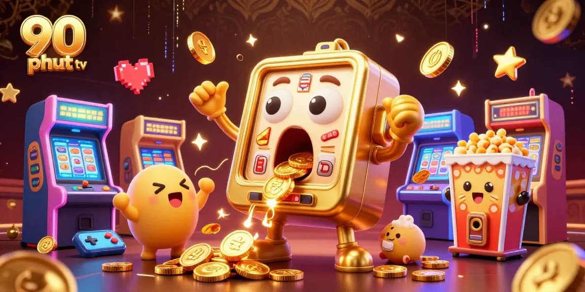 Exciting 90 phut tv jackpot scene with colorful slot machines and coins pouring out.