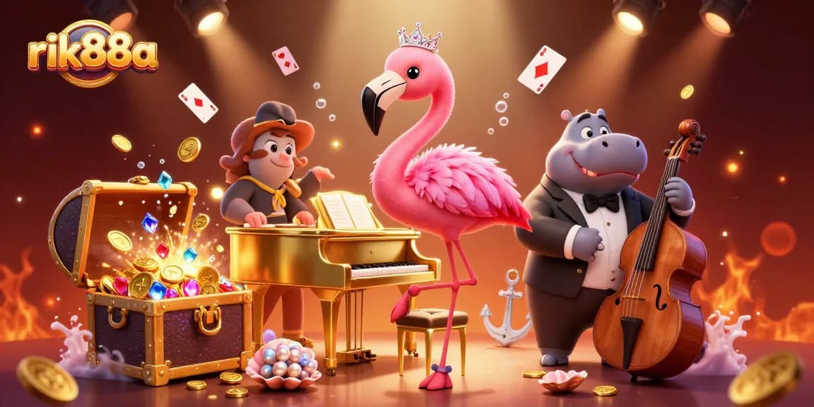 Engage in vibrant gaming at rik88a with a lively flamingo singer, gold coins, and underwater treasures.