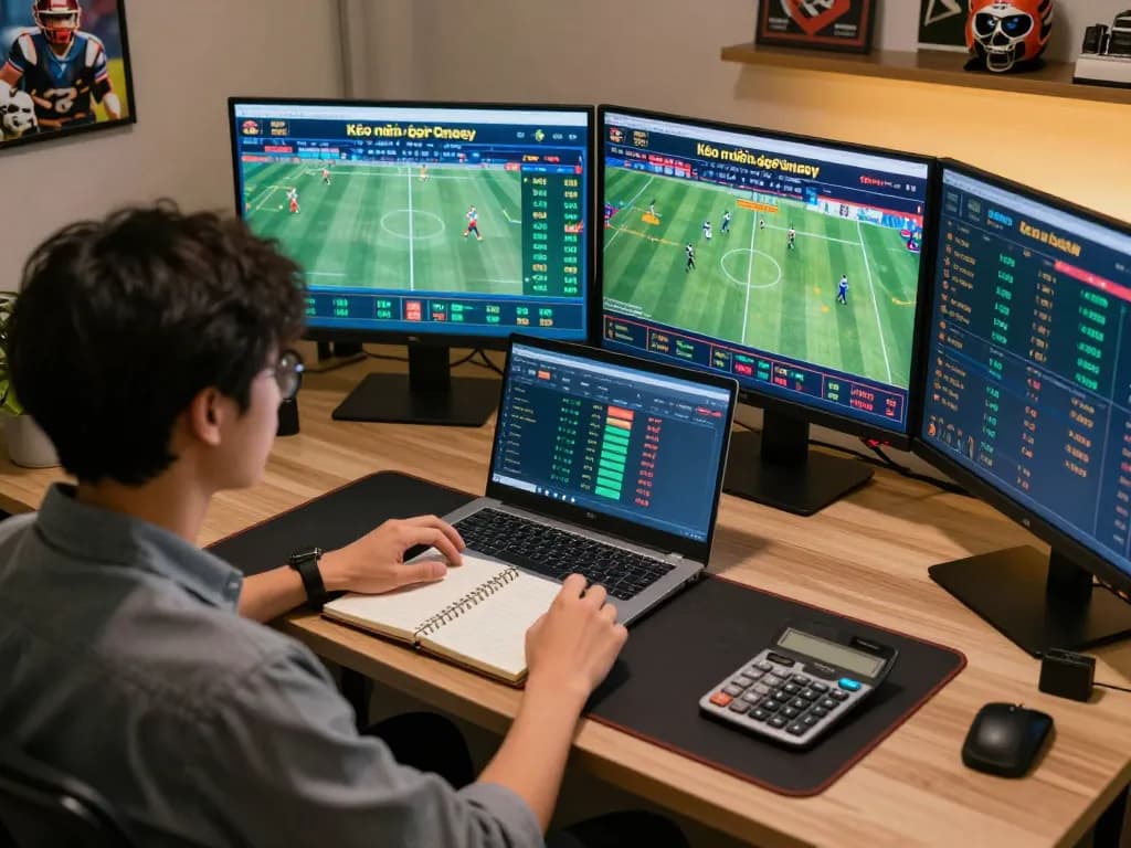 Player analyzing kèo nhà cái on multiple screens during a live sports betting session, reflecting strategic gaming.