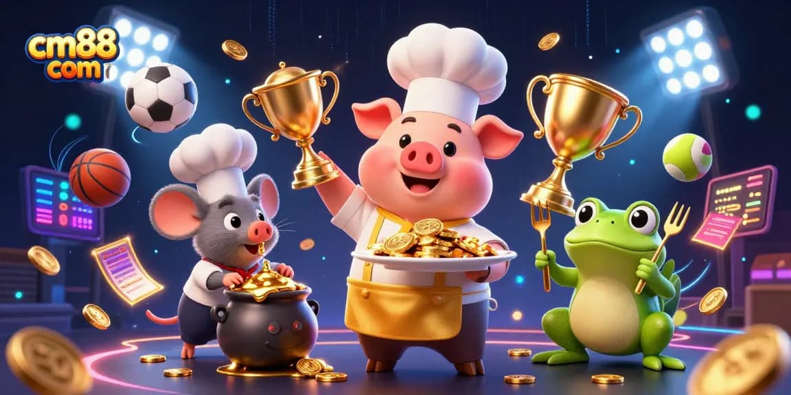 Engage with cm88 com as a chef pig reveals a platter of gold coins amidst a vibrant casino scene.