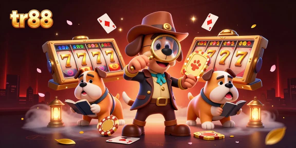 Winning at tr88 with fun characters exploring golden poker chips and slot games.