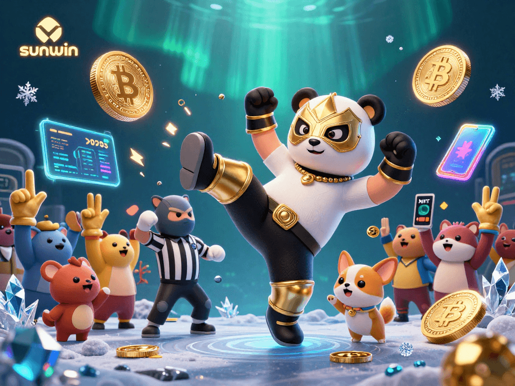 Win big with sunwin in a vibrant 3D casino scene featuring a wrestling panda.