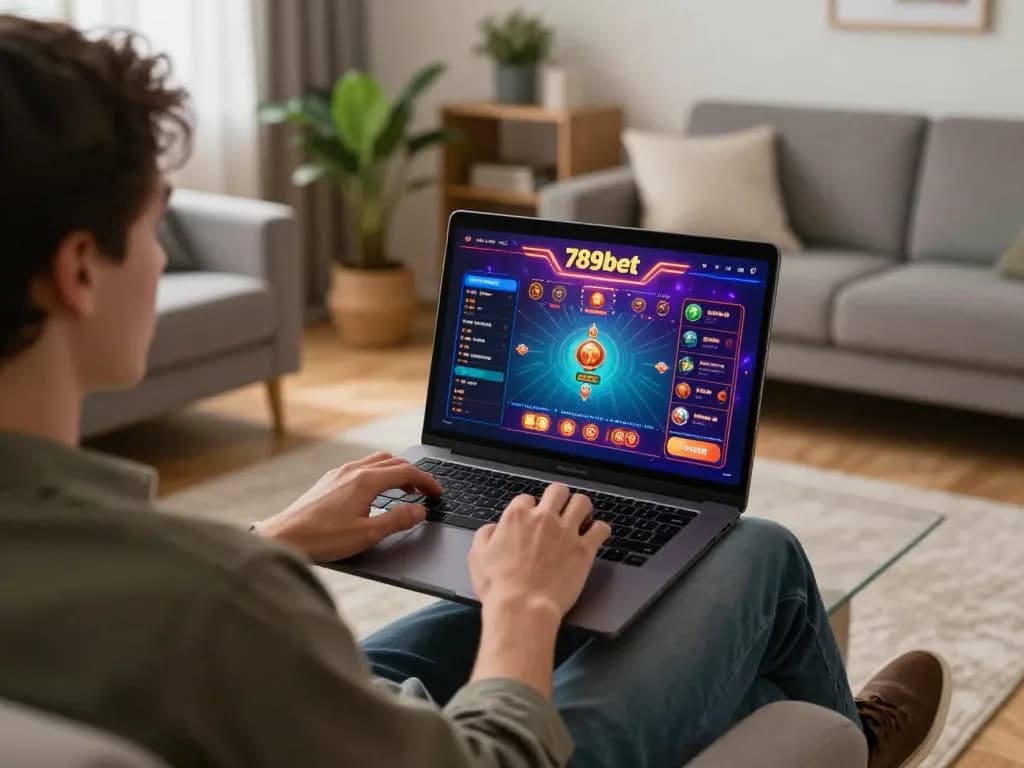 Engaging in online casino gaming at home with 789bet interface on display.