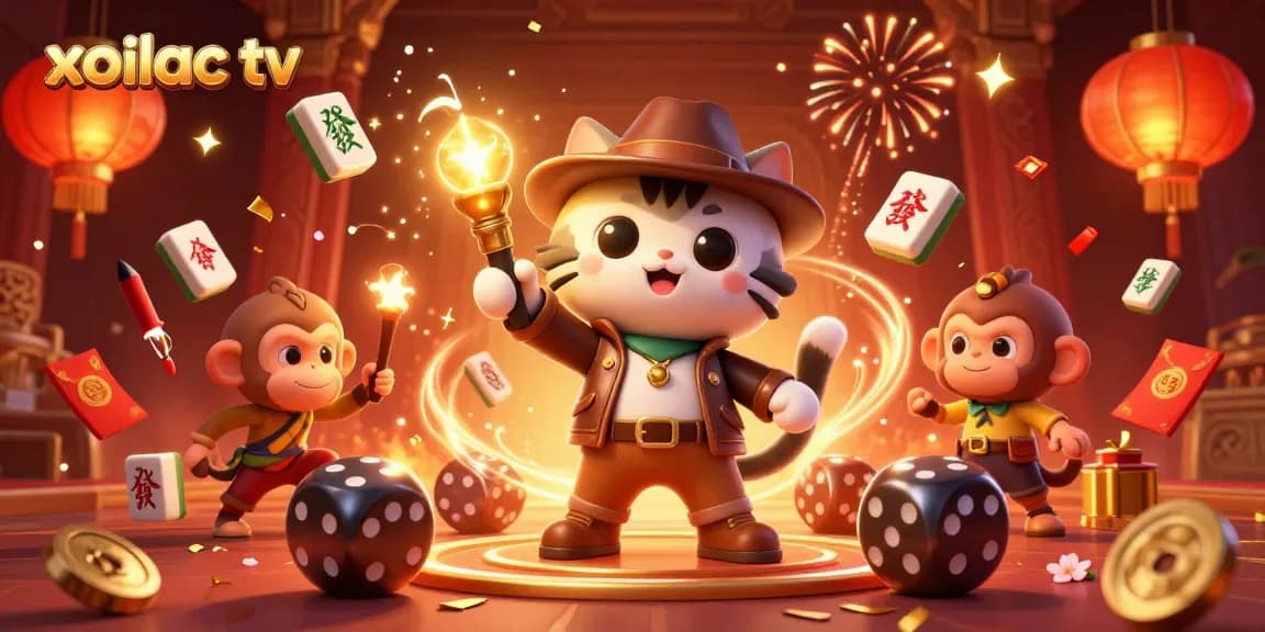 Xoilac TV celebrates live sports with vibrant 3D characters and dynamic casino elements.