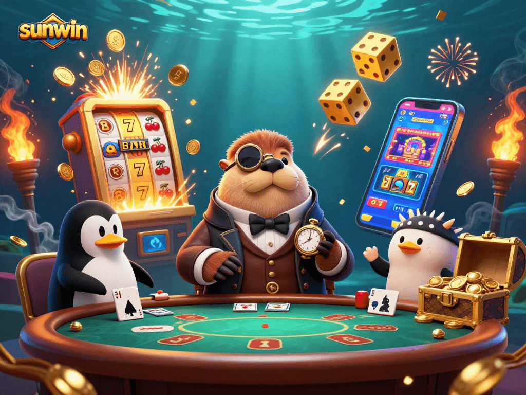 Experience the excitement of sunwin gaming with a jolly walrus playing poker underwater, surrounded by slot machines.