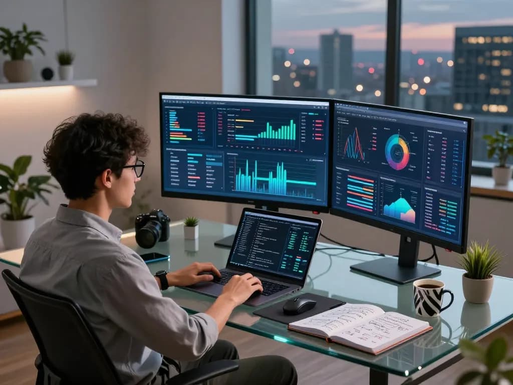 Data scientist analyzing hbet graphs and models in a modern office setting.