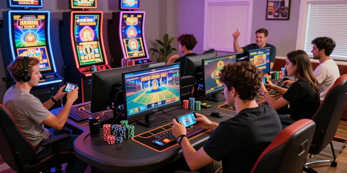 Players enjoying e28 online casino gaming with vibrant digital slots and live tables at home.