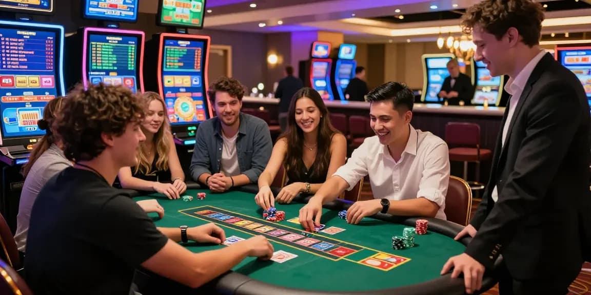 Friends enjoying gaming experience at a Winbox ekor terminal in a lively casino