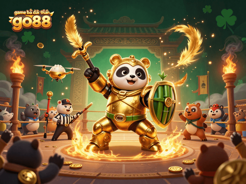 Engage in game bài đổi thưởng go88 with a vibrant 3D illustration of golden panda piloting a robot in a dynamic arena.
