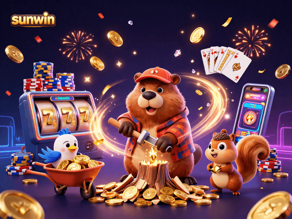 Catch the excitement with sunwin as the beaver chops a tree raining golden coins in a vibrant casino scene.