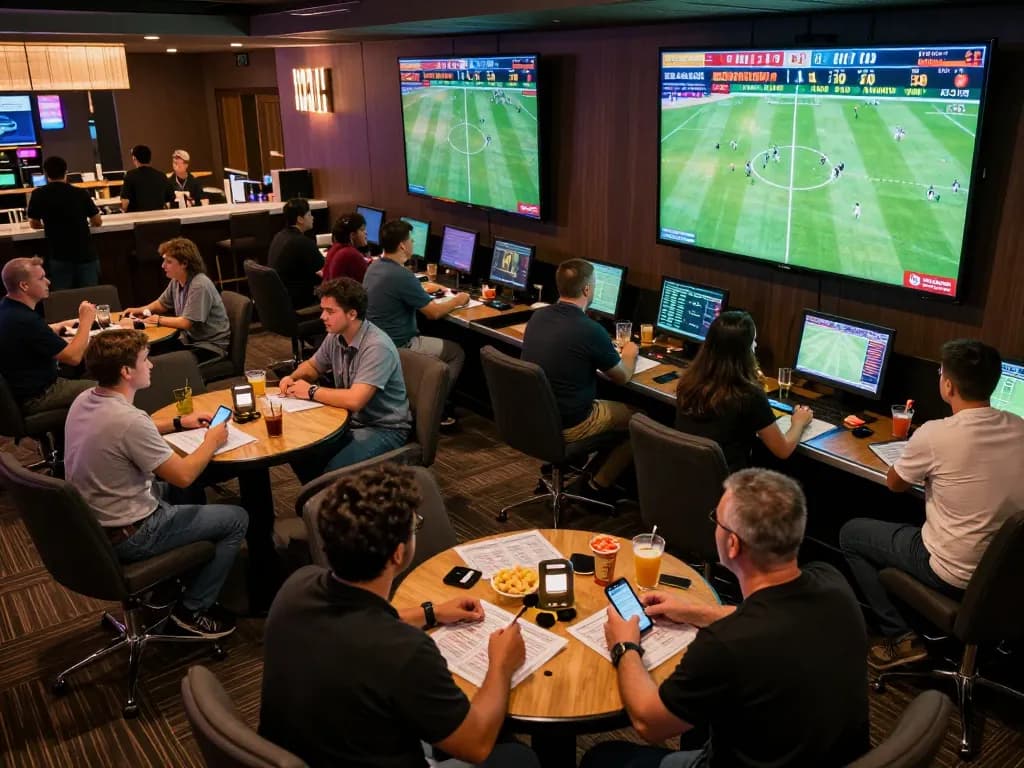 The excitement of live sports betting with dynamic tỷ lệ bóng đá updates on screen and engaged patrons in a casino lounge.