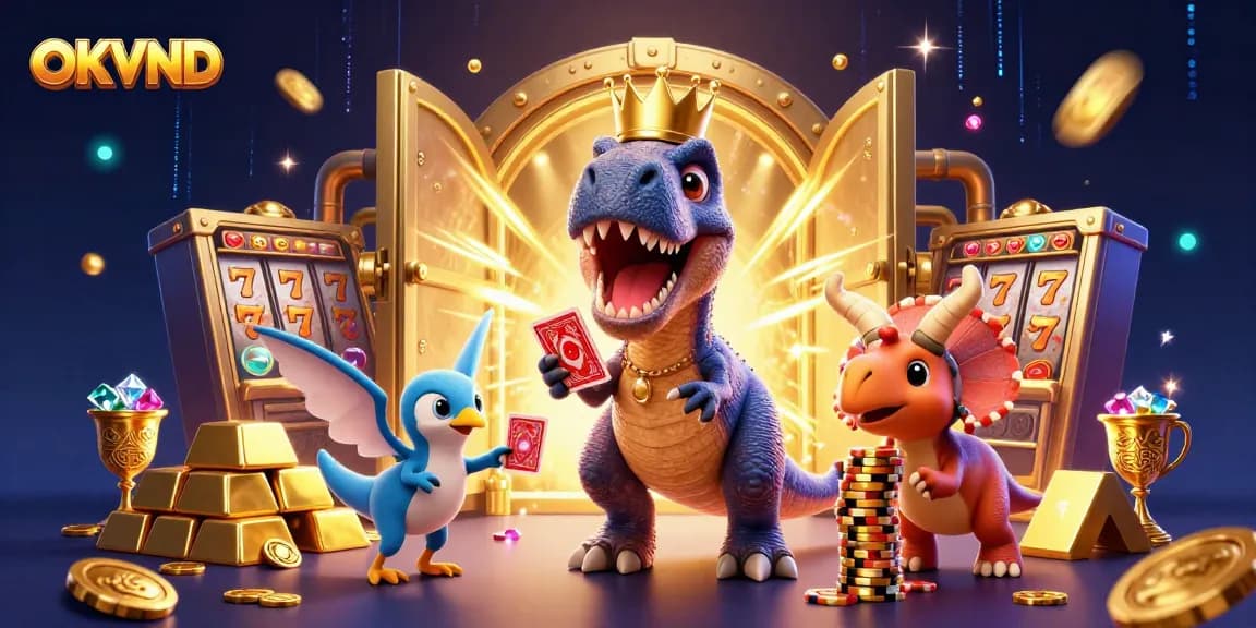 Experience the thrilling action of slots and jackpots at OKVND, where lively characters engage in vibrant casino gameplay.