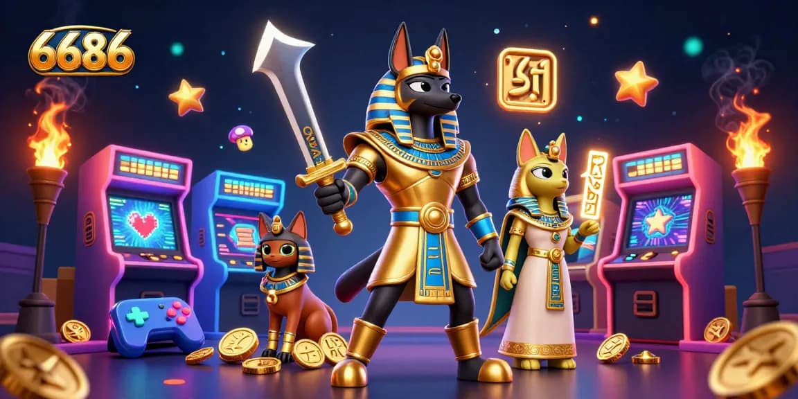 Experience thrilling games at 6686 with Anubis and Bastet amidst vibrant casino elements.