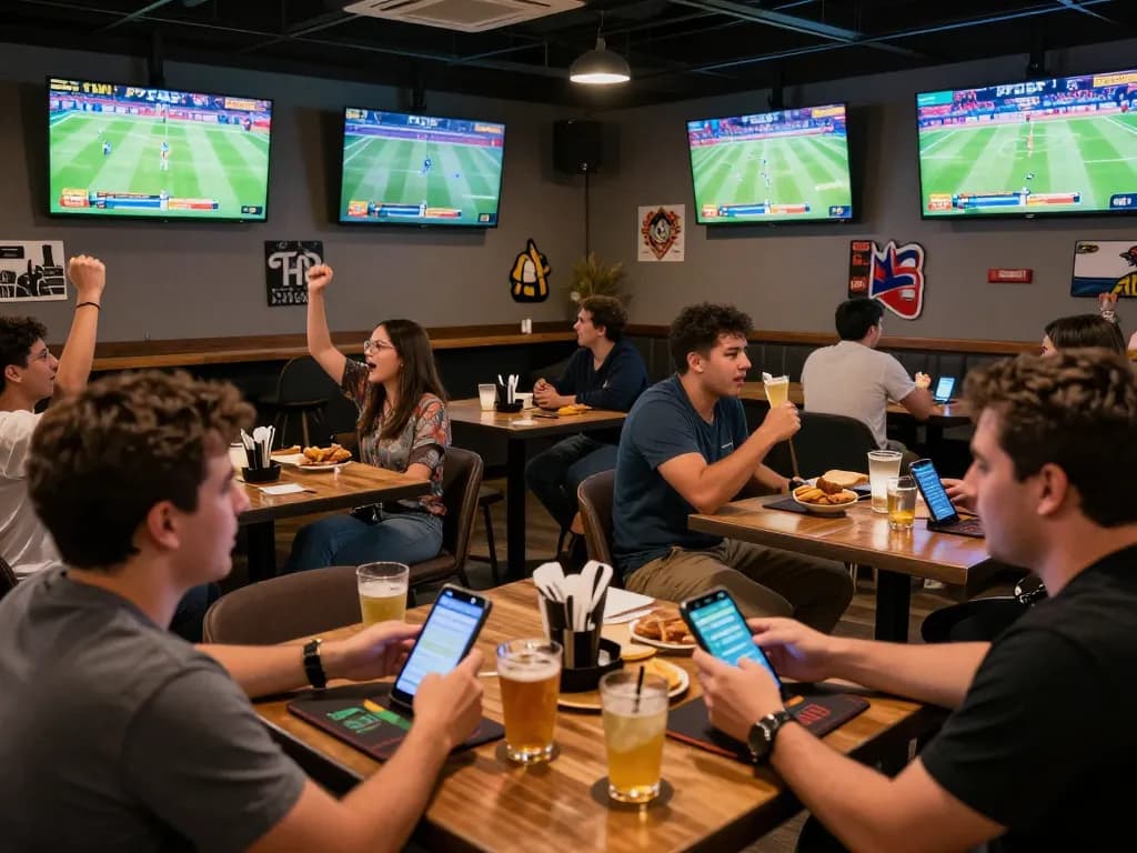 Fans placing bets at PHPVIP sports betting hub, vibrant atmosphere, engaging and interactive