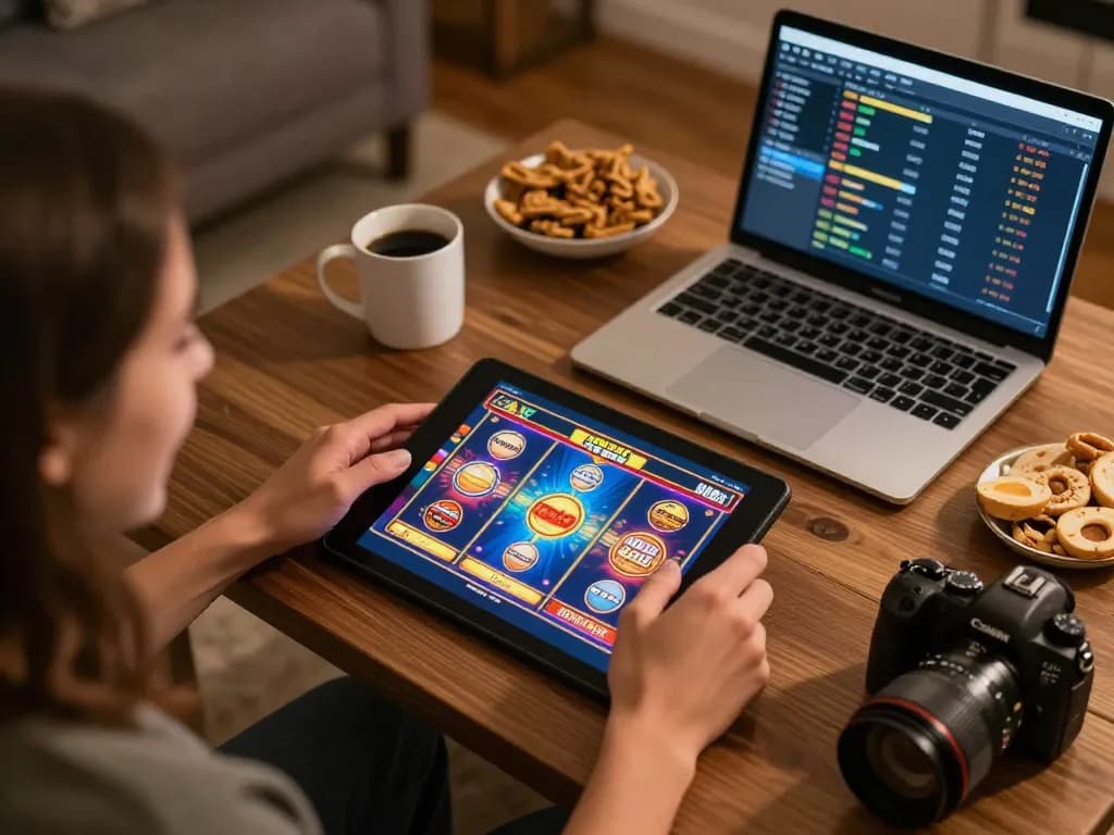 Enjoying a thrilling online casino game with SC88 Link on tablet in a cozy home setup.