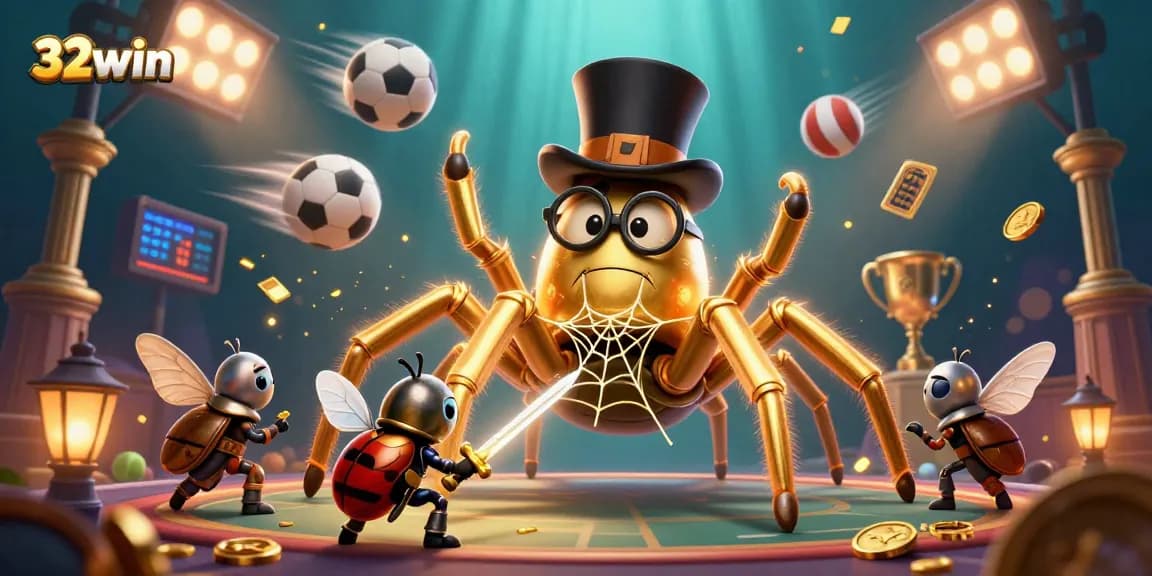 Engage with 32win in a vibrant casino world, where a golden tarantula weaves luck and a brave beetle knight approaches!