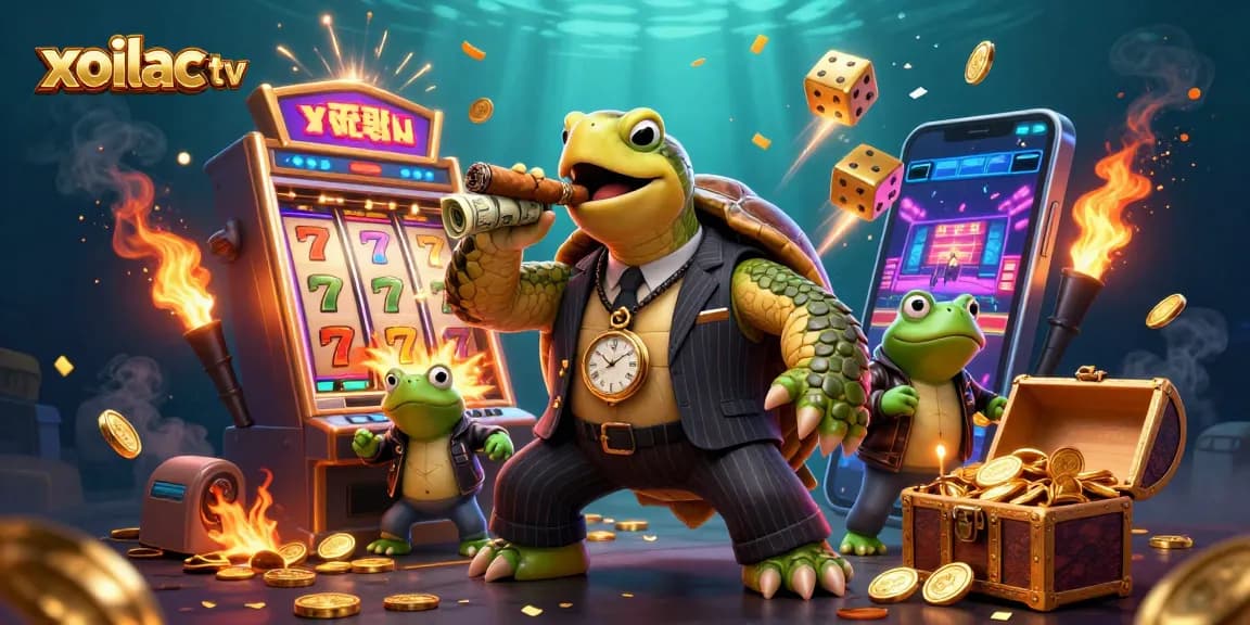 Xoilac TV features a vibrant snapping turtle and bullfrog enforcers celebrating a winning jackpot explosion in a lively casino atmosphere.