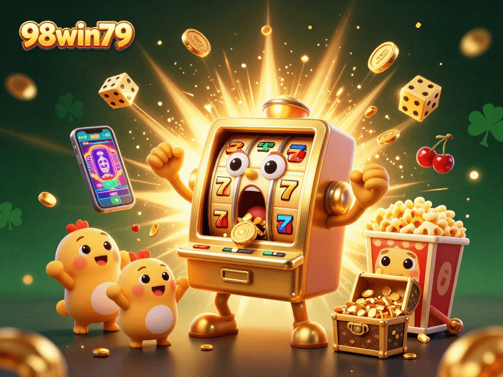98win79 slot machine hits jackpot, overflowing with coins and excitement in a colorful casino scene.
