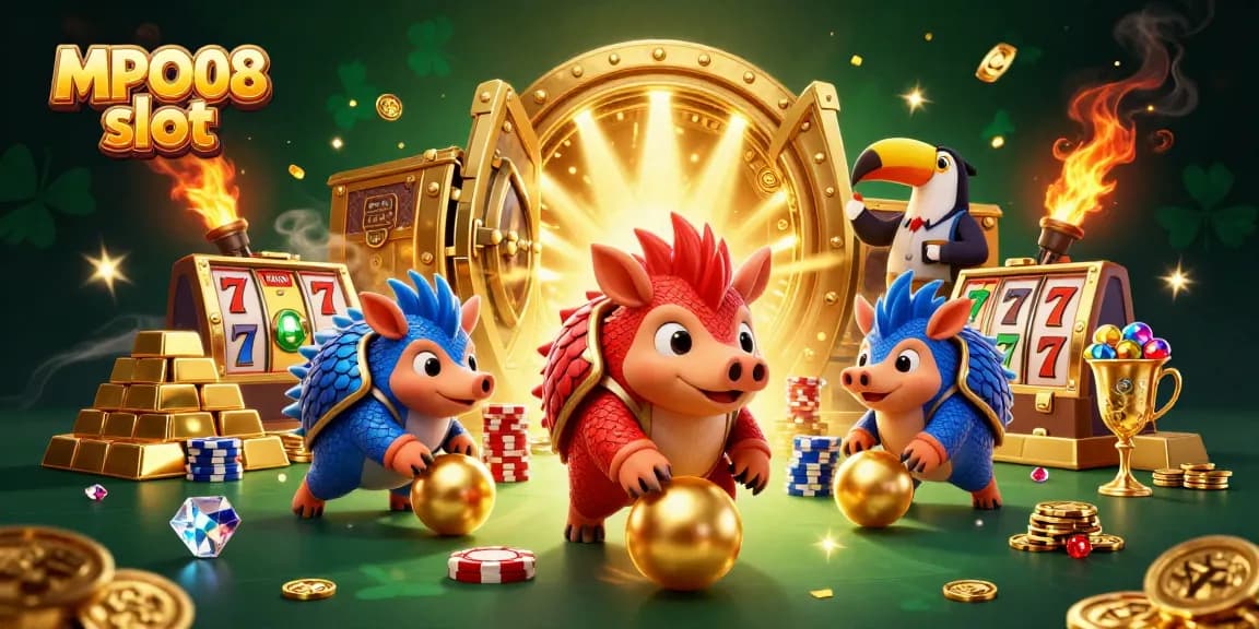 Engage with MPO08 slot as rival pangolins spin golden reels and toss poker chips amidst treasures.