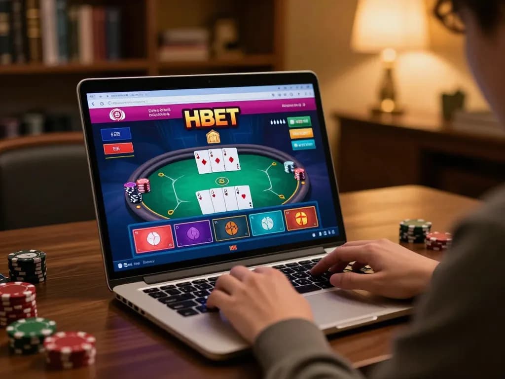A user interacts with HBET online casino graphics while playing poker on a laptop in a cozy home setting.