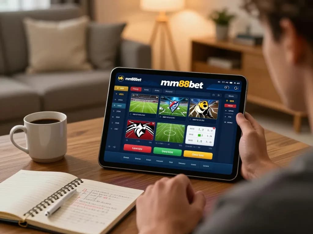User enjoying on mm88bet app for sports betting in a cozy home setting with a warm atmosphere.