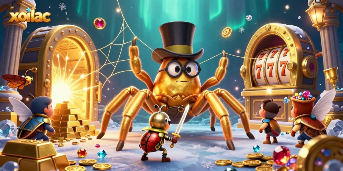 Xoilac slots excitement with a golden tarantula and beetle knight in dynamic casino scene
