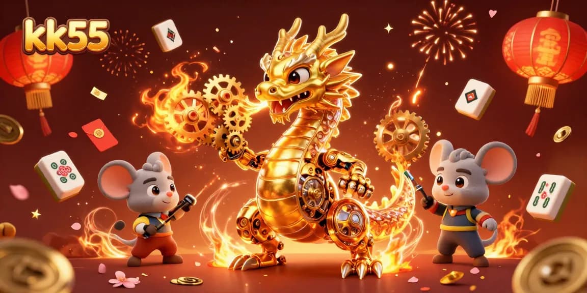 Engage with kk55's thrilling casino experience featuring a golden dragon and vibrant game elements.