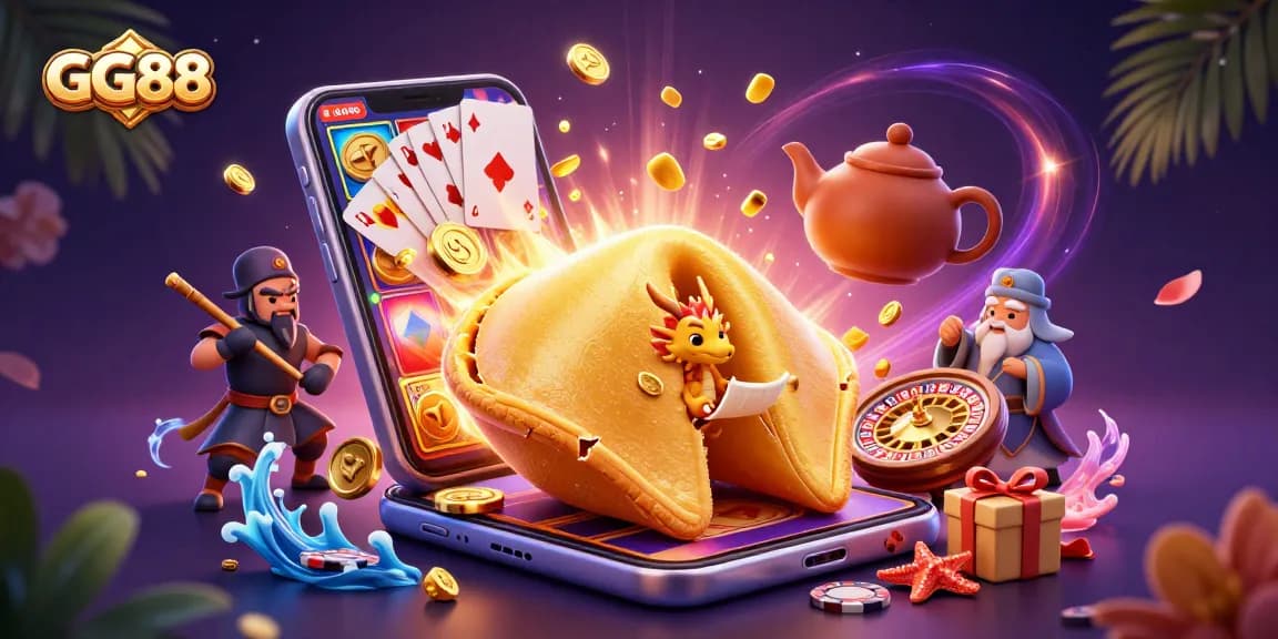 Experience the excitement of GG88 with a vibrant fantasy scene showcasing unique casino characters and game elements.
