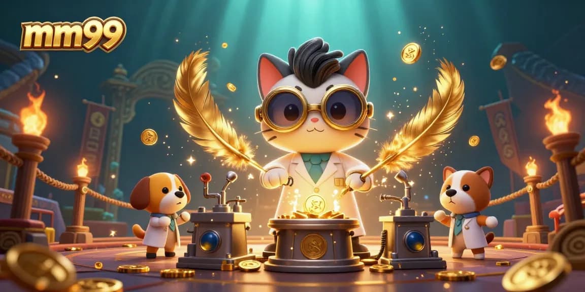 Capture the excitement at mm99 as a mad scientist cat and loyal dog create a gold-coin-replication machine in a vibrant casino-themed scene.