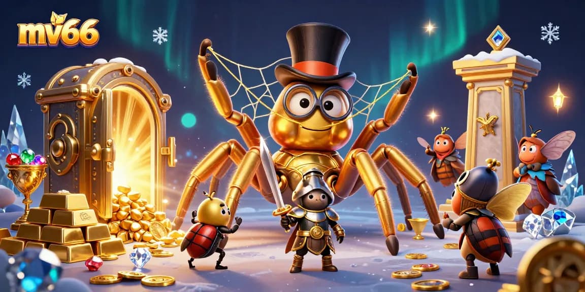 Engaging mv66 casino illustration featuring a golden spider weaving winnings via slot reels and treasures.