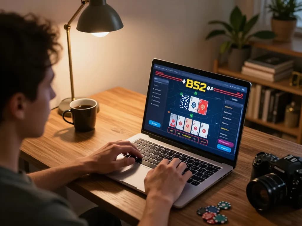 Engaging gameplay at B52 casino online, showcasing a player analyzing strategies on laptop.