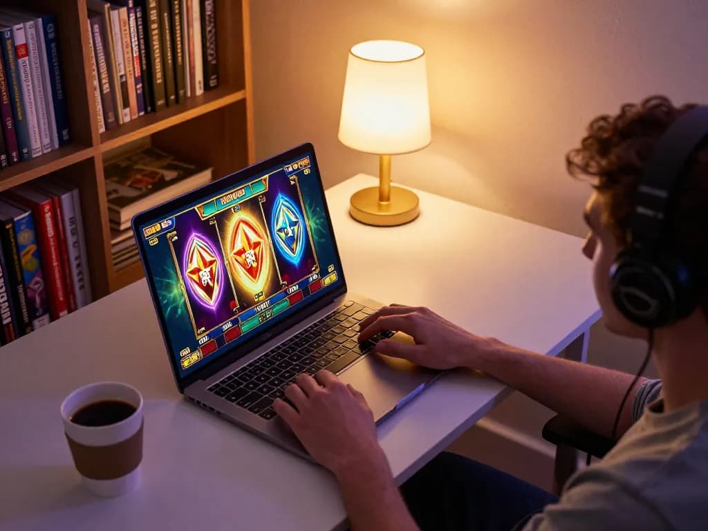 Enjoying slot games online at UU88 with vibrant graphics and a cozy gaming setup