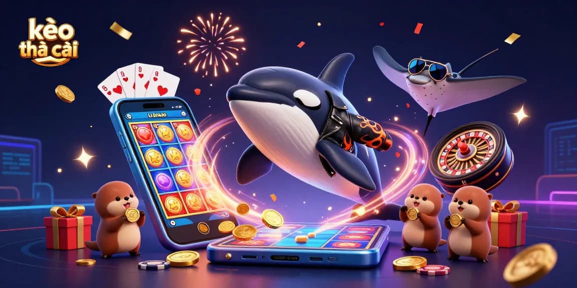 Kèo nhà cái showcases a dynamic 3D illustration featuring a cool cartoon orca, a stylish stingray, and otters with coins amid vibrant casino elements.