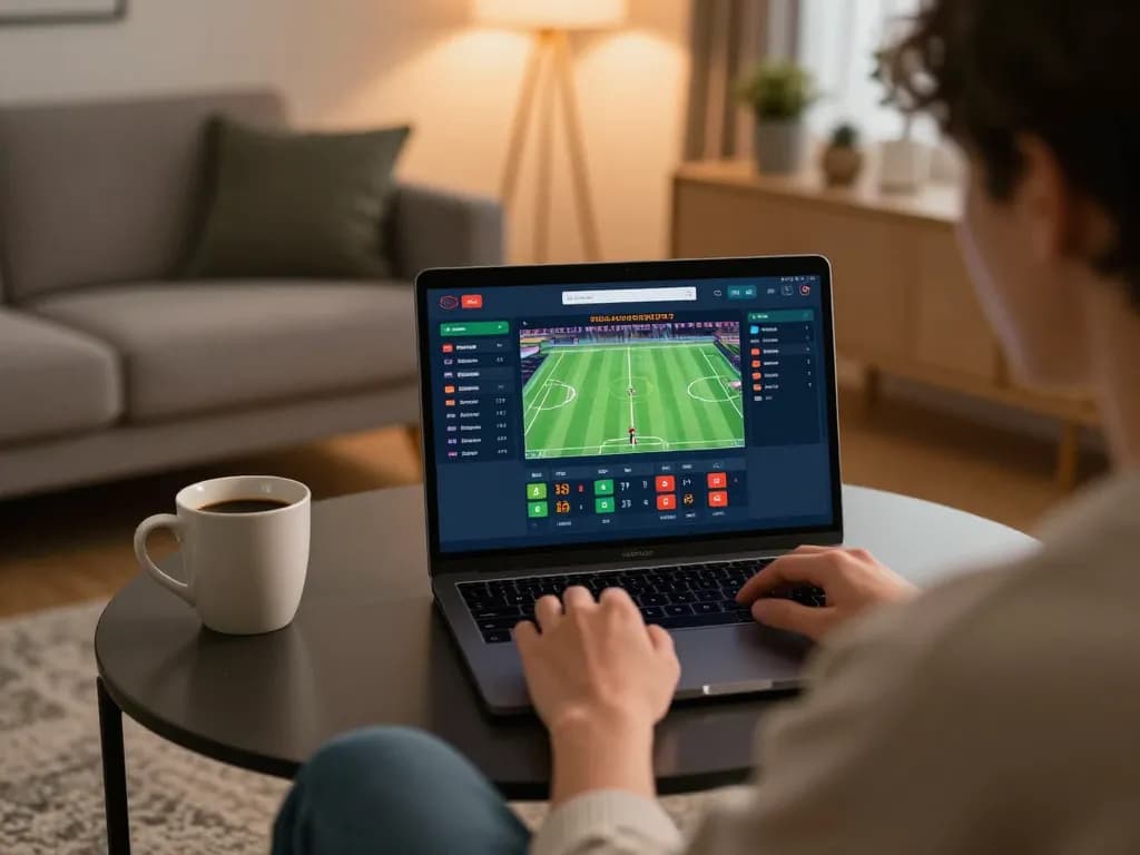 Engaging in sports betting on trang cá cược bóng đá interface, warm home atmosphere with coffee